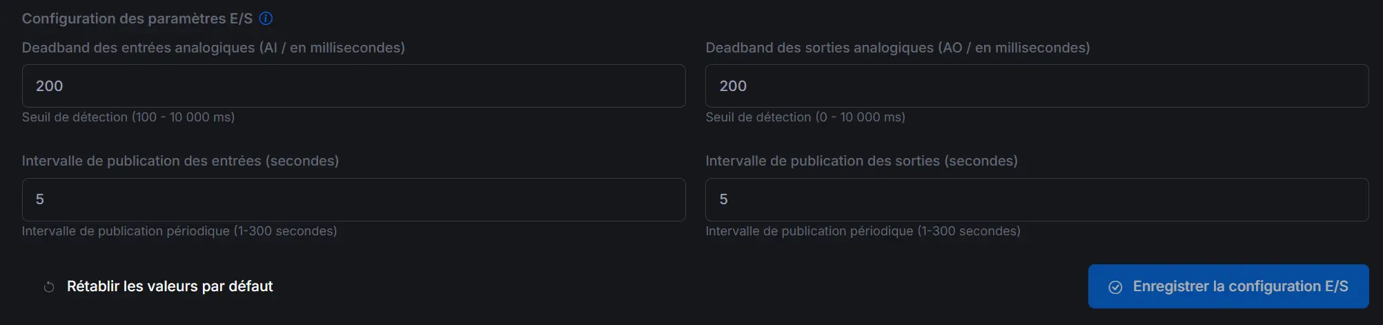 Paramètres entrées